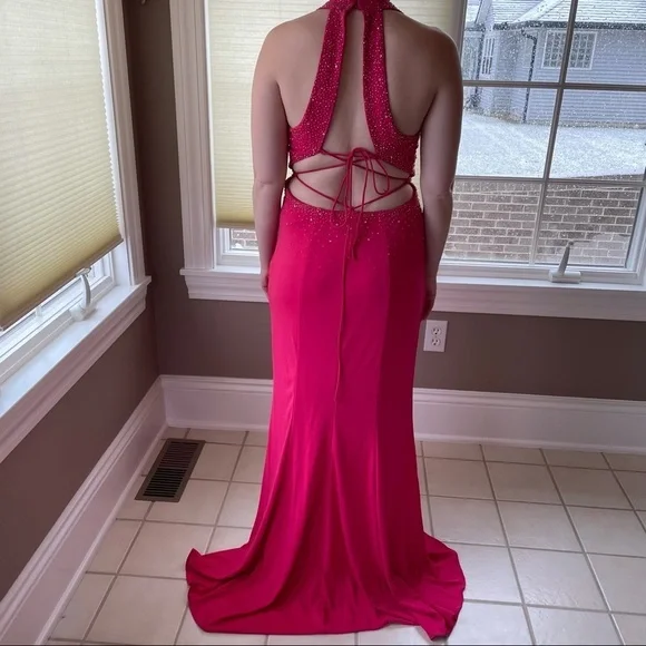 Beaded Barbie Pink Floor Length Formal Gown Prom Homecoming Dress Hot Pink - Picture 4 of 14